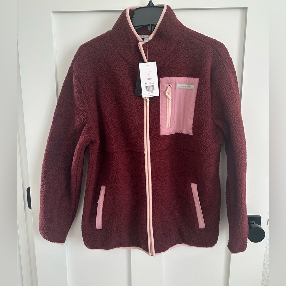 NWT Ocean+Coast Dark Brick Sherpa Zip-Up Jacket - Size Large, warm cozy shacket